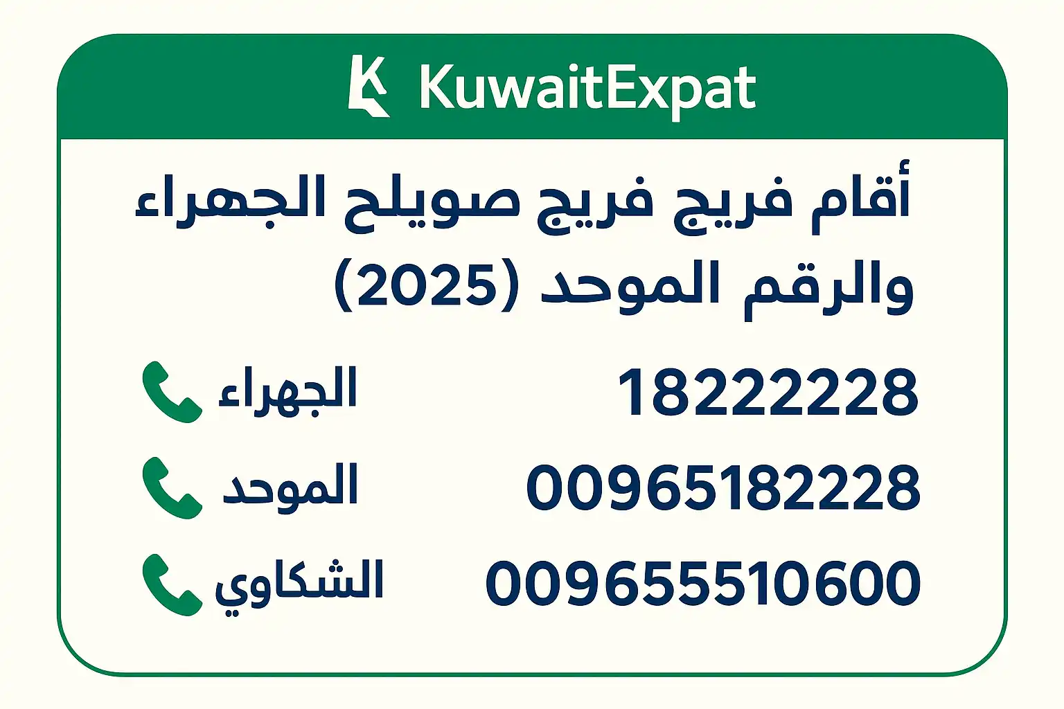 فريج صويلح الجهراء: الرقم، العنوان، ساعات العمل والمني (2026) أرقام فريج صويلح الجهراء والرقم الموحّد