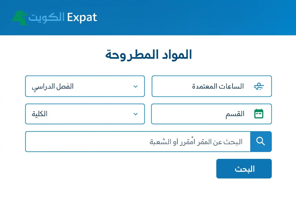 المواد المطروحة في الكويت: كيف تعثر على الجدول الصحيح بسرعة المواد المطروحة — شاشة البحث عن المقررات والشُعَب (CRN) لفصل جديد