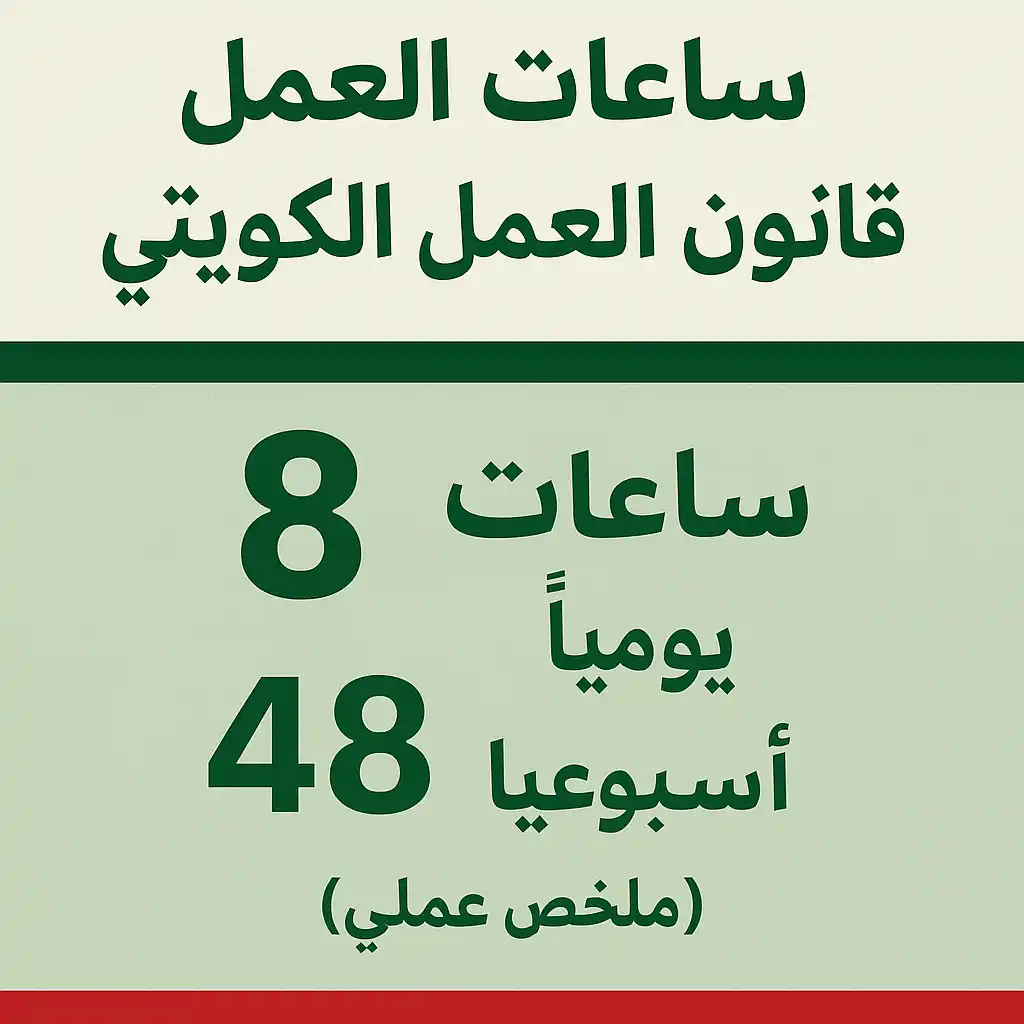 قانون العمل الكويتي: الدليل العملي المحدث لعام 2026 ساعات العمل في قانون العمل الكويتي 8 ساعات يوميًا48 أسبوعيًا (ملخص عملي)