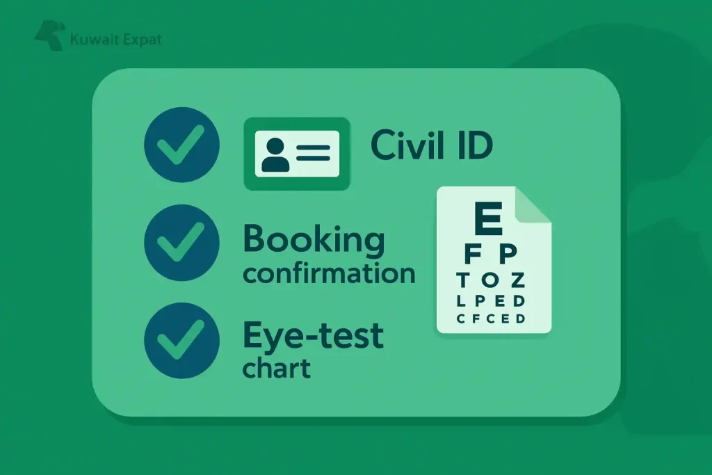 Driving test appointment Kuwait: how to book, pay, and reschedule (2026) Civil ID, booking confirmation, eye-test — documents for Kuwait driving test