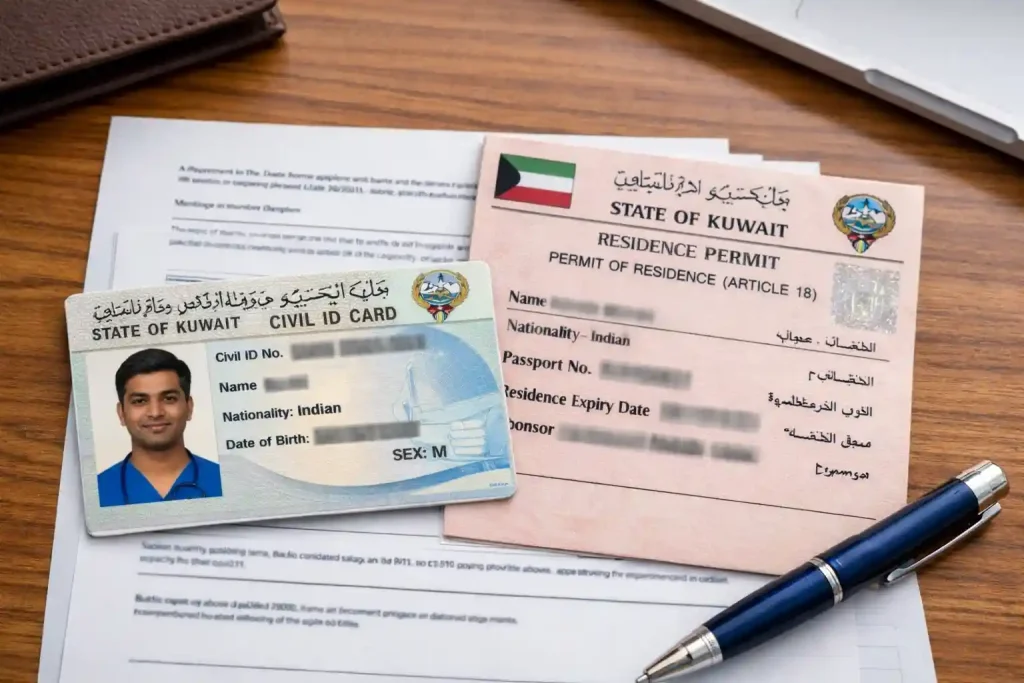 How to Check Kuwait Nursing License Status Online (MOH System) ALT Civil ID and residency permit prepared for Kuwait nursing license renewal